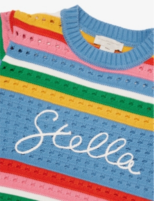 STELLA MCCARTNEY: Striped embroidered-branding cotton-crochet jumper 4-14 years