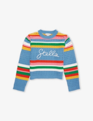STELLA MCCARTNEY: Striped embroidered-branding cotton-crochet jumper 4-14 years