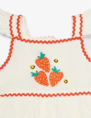 STELLA MCCARTNEY: Frilled strawberry-embroidery linen-cotton blend dress 6-36 months