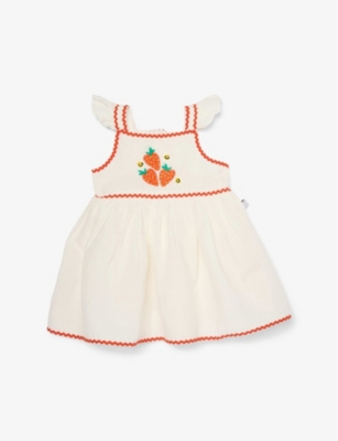 STELLA MCCARTNEY: Frilled strawberry-embroidery linen-cotton blend dress 6-36 months