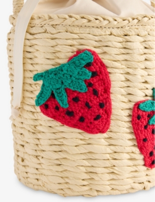 STELLA MCCARTNEY: Strawberry-Embroidered Straw Bucket Bag