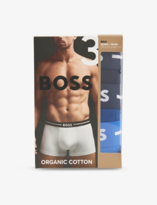 Mens Boss Bold Mid-Rise Pack Of Three Stretch-Cotton Trunks