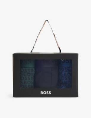 Mens Boss Branded-Waistband Mid-Rise Pack Of Three Stretch-Cotton Trunks