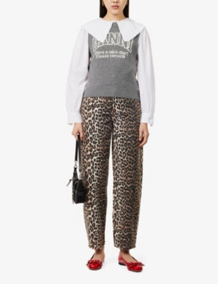 GANNI: Leopard Stary barrel-leg organic-denim jeans
