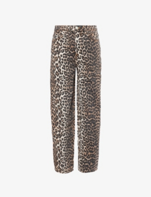GANNI: Leopard Stary barrel-leg organic-denim jeans