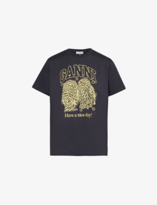 Ganni Basic Jersey Owls Relaxed T-shirt T-shirts Black In Phantom