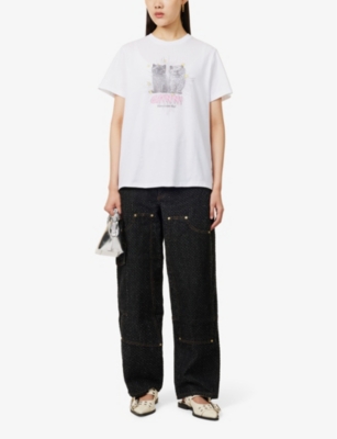 Ganni White Crewneck T-shirt With Logo Print On The Front In Cotton Woman In Bright White