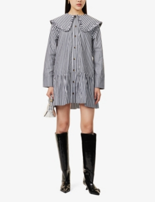 Shop Ganni Womens Black Wide-collar Stripe Organic-cotton Mini Shirt Dress