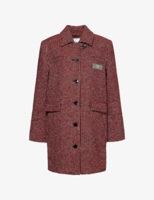 Shop Ganni Womens Racing Red Check Midi Recycled-wool And Recycled-polyester Blend Jacket