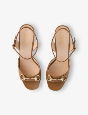 Gucci Leather Block Heel Sandals With Gold-tone Hardware In Luminious Wood