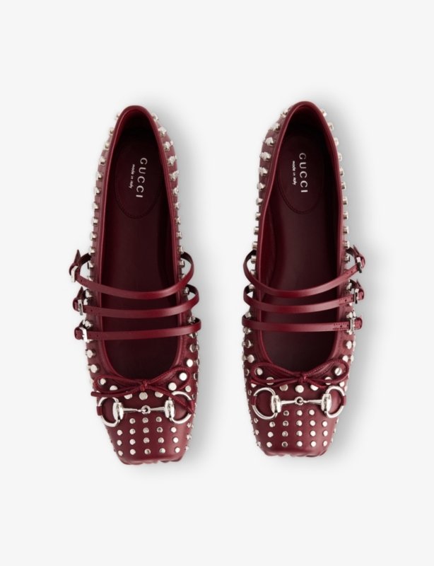 GG Horsebit Leather-Studded Ballerina Shoes