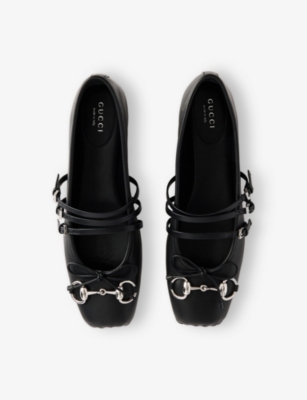 Gucci Leather Bow Detail Squared Toe Ballet Flats In Black