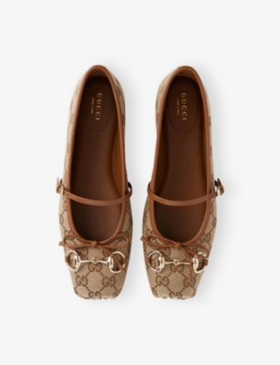 Gucci Horsebit-detailed Leather-trimmed Canvas-jacquard Ballet Flat In Beige Ebony Sundial