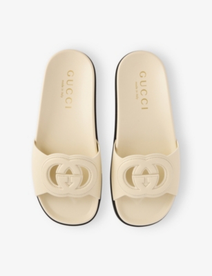 Gucci Womens  Branded Slip-on Leather Sliders In New Ivoire