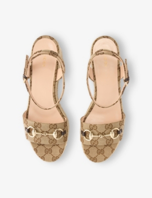 Gucci Womens  Horsebit Canvas Wedge Espadrilles In Beige Ebony Cocoa