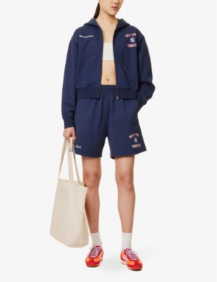 Sporty And Rich Womens Navy Sporty & Rich For '47 X The New York Yankees Home Run Cropped Cotton-jersey Hoody Xl In Navy