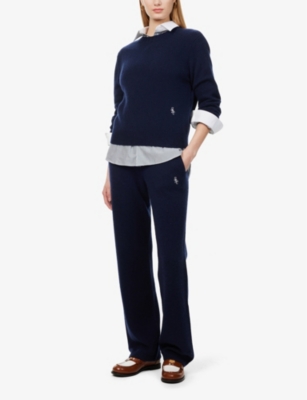 Shop Sporty And Rich Womens Navy Ivy Embroidered-branding Cashmere-wool Blend Knit Jumper