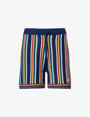 Crochet Striped Relaxed-Fit Stretch-Cotton Blend Shorts