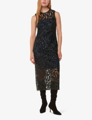 Whistles Womens Lyra Sequin-embellished Floral-motif Recycled-polyester Midi Dress Black In Black