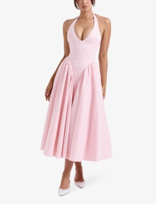 HOUSE OF CB: Marilyn gingham stretch-woven midi dress