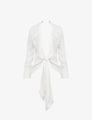 Shop House Of Cb Of Cb Womens White Hope Draped Tie-front Stretch-woven Shirt