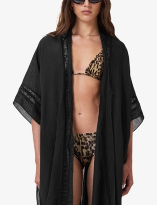 Shop Allsaints Womens  Saph Leopard-print Self-tie Stretch-woven Bikini Top