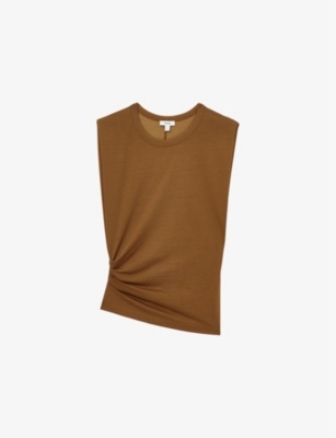 Reiss Ochre Sadie Cap-sleeve Ruched Jersey Top In Ochre