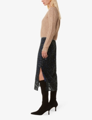 Whistles Floral Sequins Midi Skirt In Black