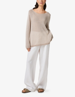 The White Company S Slash-neck Textured Linen And Cotton-blend Jumper Nougat Xs In Gray