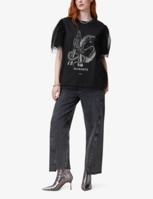 ALLSAINTS: Tommy graphic-print puff-sleeve mesh T-shirt