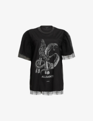 ALLSAINTS: Tommy graphic-print puff-sleeve mesh T-shirt