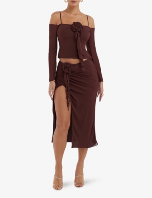 Shop Mistress Rocks Womens  Floral-embroidered Cut-out Slim-fit Woven Top In Walnut