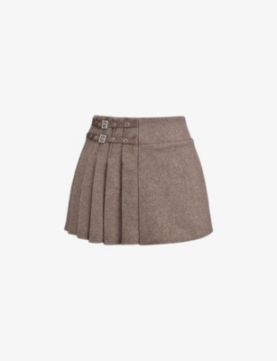 Mistress Rocks Womens Sandstone Buckle-embellished Mid-rise Pleated Wool-blend Mini Skirt In Sandstone