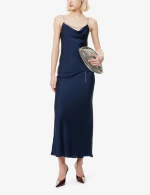 Shop Rabanne Womens Deep Navy Chain-embellished Cowl-neck Satin Vest Top