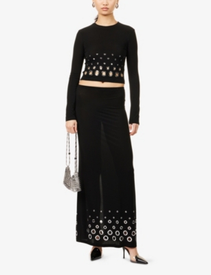 Shop Rabanne Womens  Eyelet Split-hem Mesh Maxi Skirt In Black