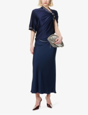 Rabanne Womens Buckle-embellished Shawl Satin Top Deep Navy In Deep Navy