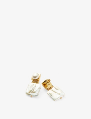 MISSOMA WOMENS SQUARE PEARL STATEMENT 18CT RECYCLED YELLOW-GOLD PLATED BRASS STUD EARRINGS 