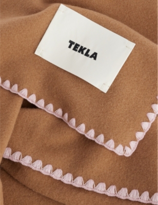 Tekla Whipstitch-finish Brushed-texture Lambs Wool Blanket In Brown