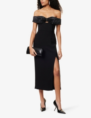 SELF-PORTRAIT: Embellished-bow crepe woven midi dress