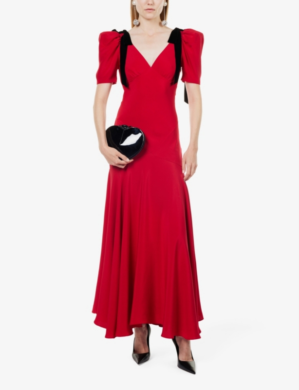 Velvet-bow trim bias-cut silk-crepe gown