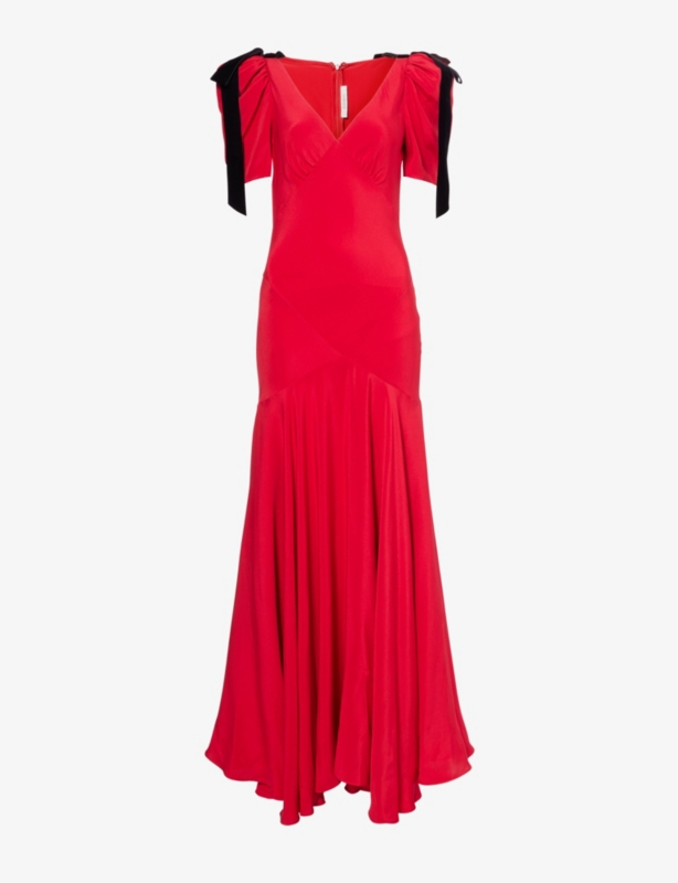 Velvet-bow trim bias-cut silk-crepe gown