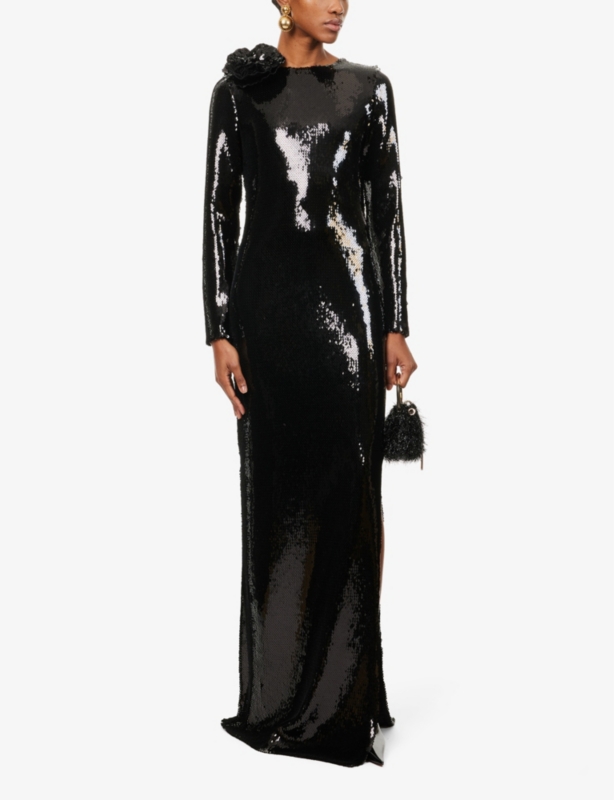Corsage-trim long-sleeve sequinned gown