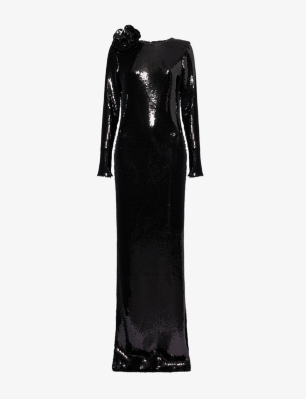 Corsage-trim long-sleeve sequinned gown