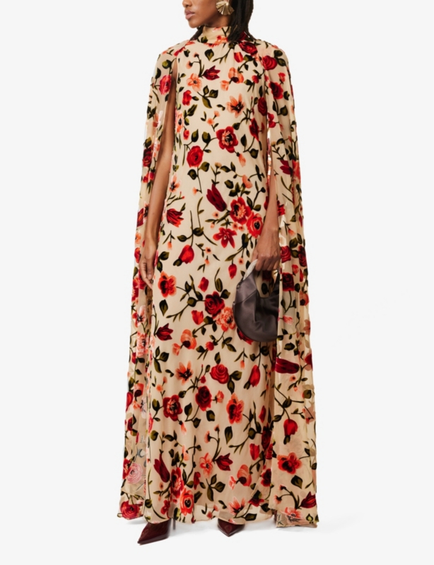Floral-pattern high-neck satin maxi dress