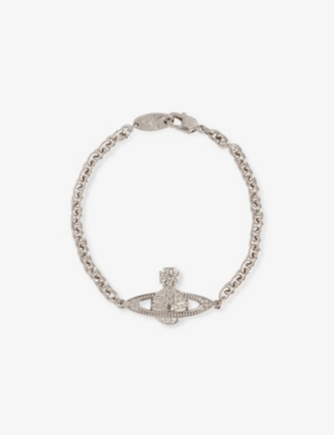 VIVIENNE WESTWOOD MENS PLATINUM / CRYSTAL MINI BAS RELIEF CHAIN SILVER-TONE PLATED BRASS BRACELET 