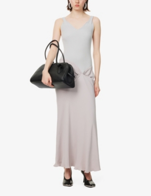 Crepe-and-Ribbed Shoulder-Straps Stretch-Woven Blend Midi Dress