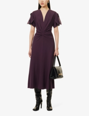 VICTORIA BECKHAM: Gathered flutter-sleeve wool-blend midi dress