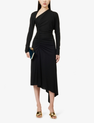 Victoria Beckham Womens Black Slash-neck Ruched Woven-midi Dress In Black