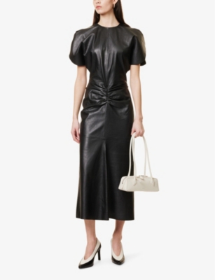 VICTORIA BECKHAM: Ruched-Front Sleeveless Leather Midi Dress