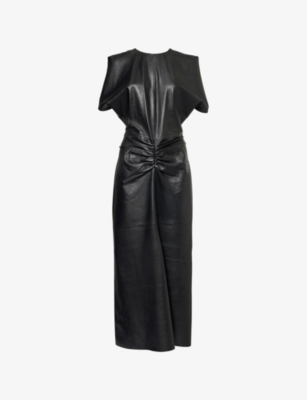 VICTORIA BECKHAM: Ruched-Front Sleeveless Leather Midi Dress